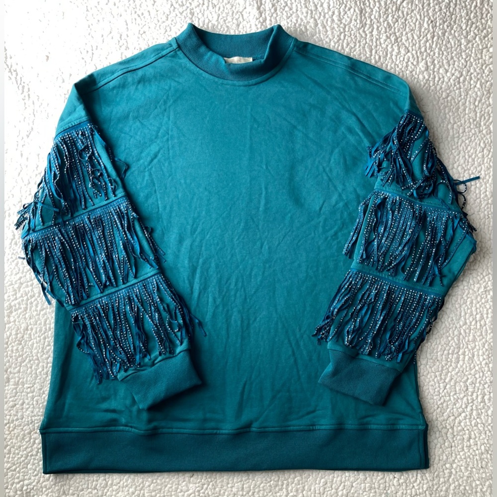 Womens Teal Crew‎ Neck Sweatshirt With Suede Fringe Jade By Jane Size Large